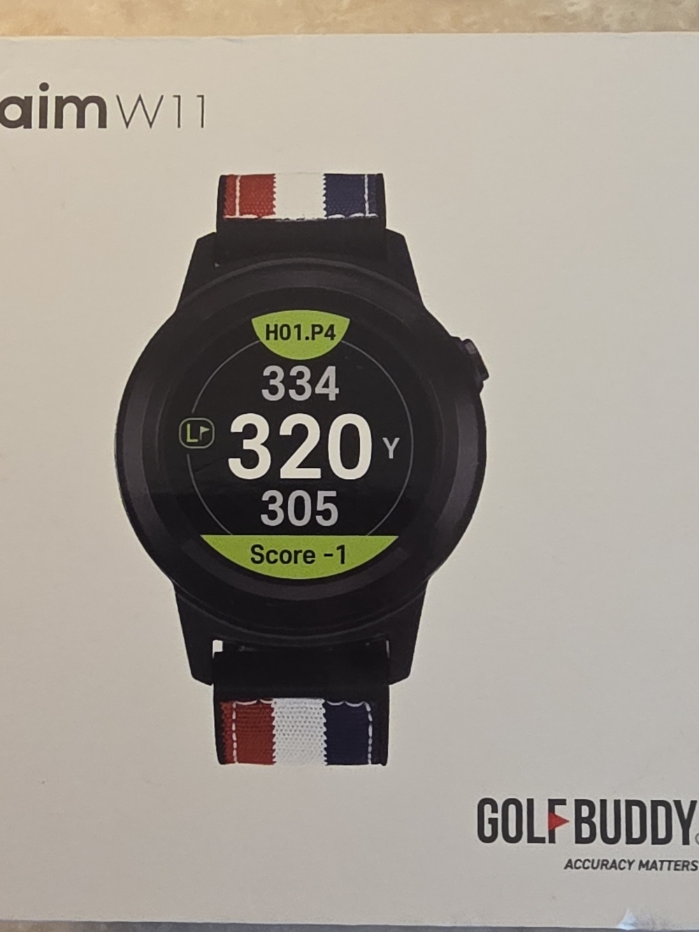 W11 Smart Golf GPS Watch - Black with Red/White/Blue Strap - Picture 2 of 4